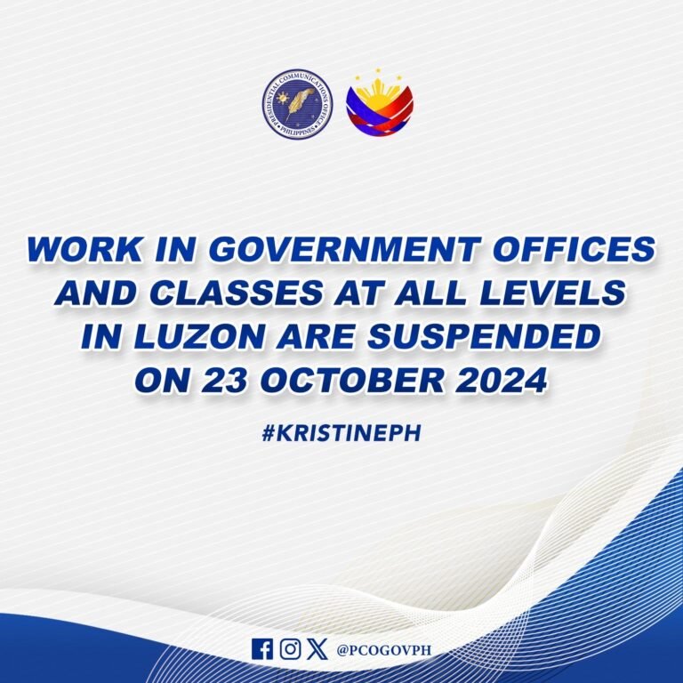 Work in government offices and classes at all levels in Luzon are hereby suspended on 23 October 2024